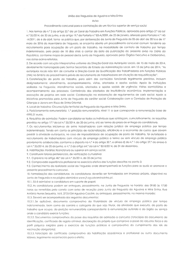 Procedimento Concursal para a contratação de um técnico superior de Ação Social.